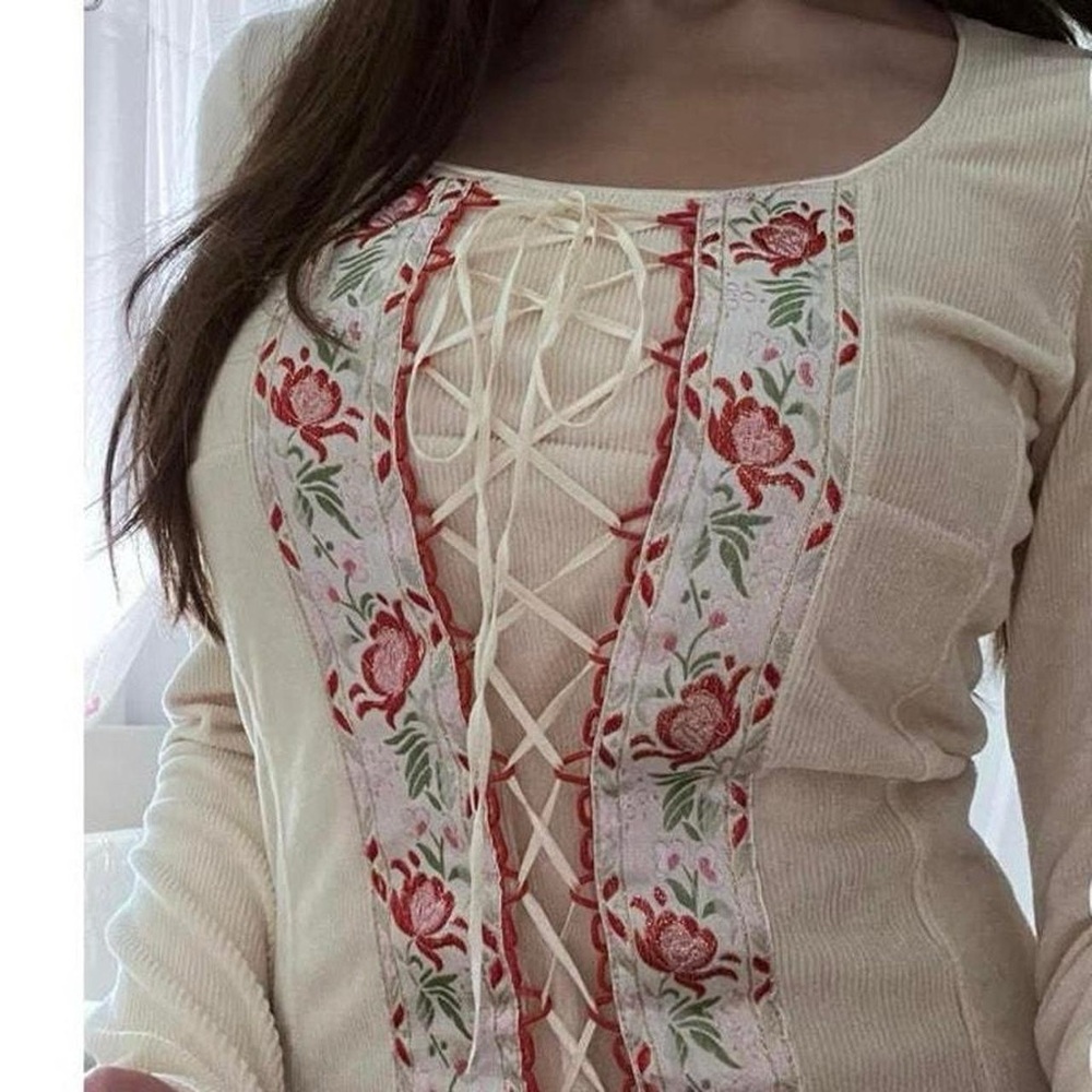 Cream Lace Up Long Sleeve Top